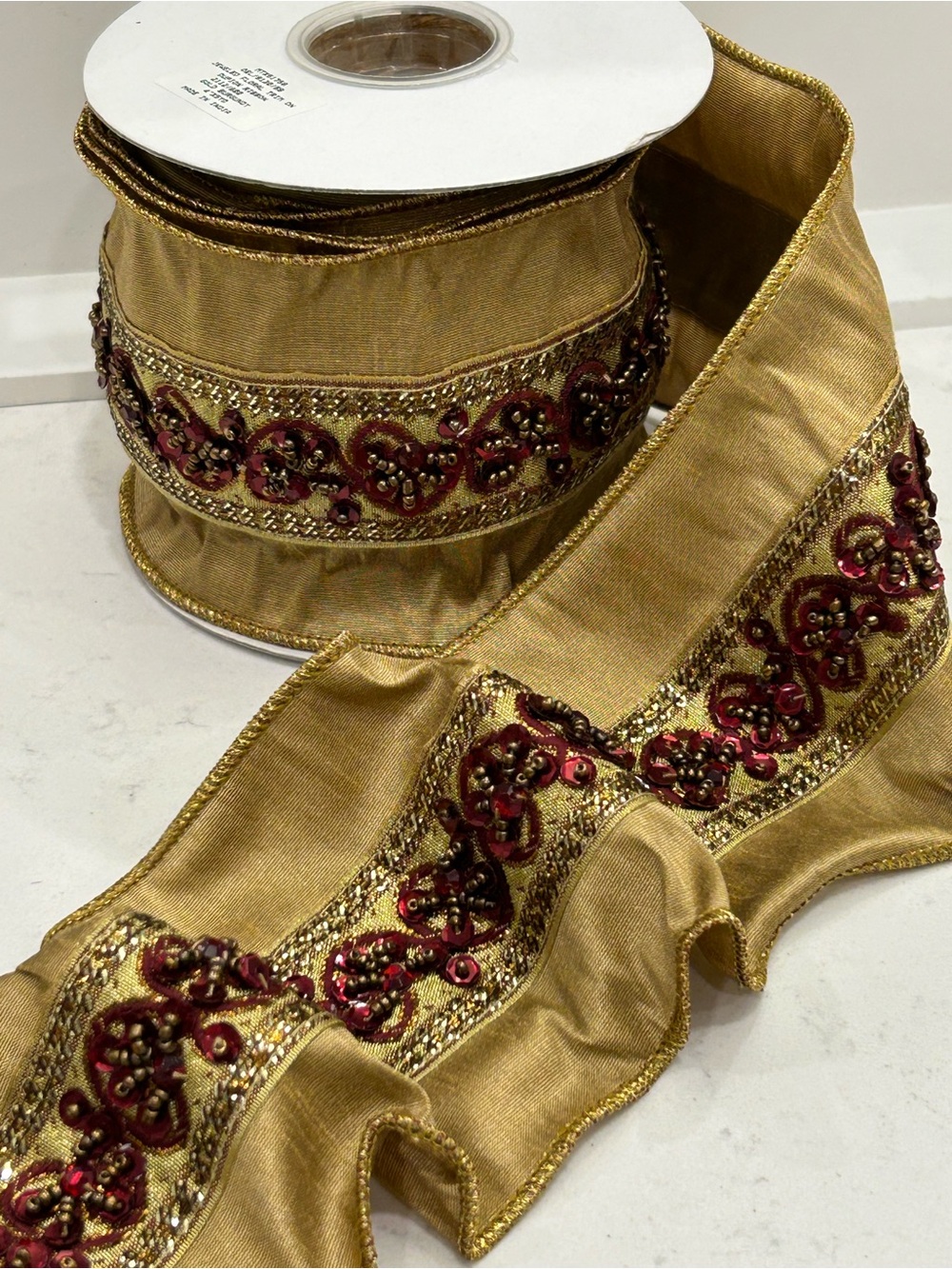 Gold and Burgundy Embellished Decorative Holiday Ribbon - Elegant Trim